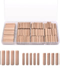 Beefy Beechwood Dowel Pins For Woodworking 200 Pcs Fluted Dowels Quarter Inch By One And A Quarter Inch Hardwood Craft Pegs For Furniture DIY Projects Imperial Size in a clear plastic case.
