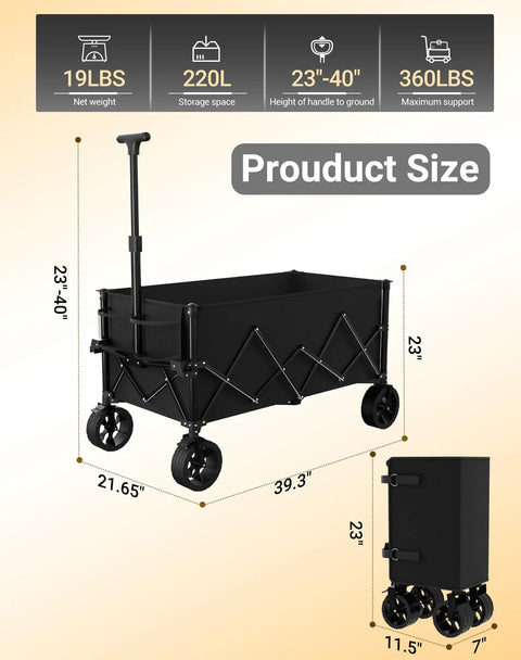 Extra Large All Terrain Folding Wagon Cart With 7.8 Cu Ft Storage And 360 Lb Capacity Big Wheels For Sand Beaches Haul