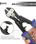Close-up of 8.8 Inch Heavy Duty Beefed Up Pro Grade Crimping Pliers Kit with 140 Double Barrel Sleeves and adjustment screw.