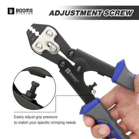 Close-up of 8.8 Inch Heavy Duty Beefed Up Pro Grade Crimping Pliers Kit with 140 Double Barrel Sleeves and adjustment screw.