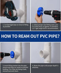 Steps to use 8 Piece PVC Pipe Reamer Kit With Four Sided Carbide Blades Fitting Saver Socket Tool for PVC CPVC ABS Plumbing.