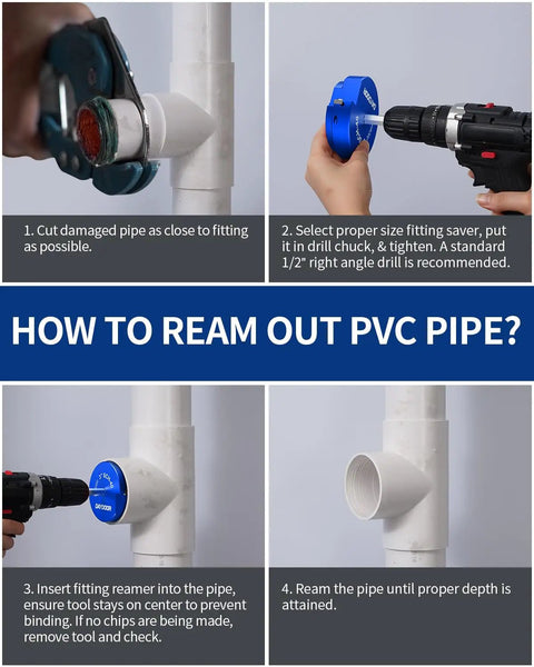 Steps to use 8 Piece PVC Pipe Reamer Kit With Four Sided Carbide Blades Fitting Saver Socket Tool for PVC CPVC ABS Plumbing.