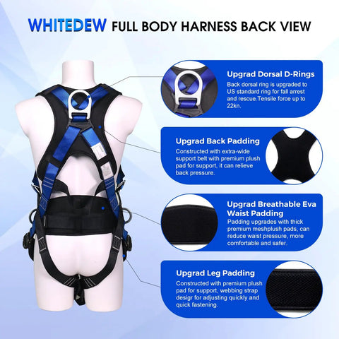 Heavy Duty Full Body Fall Protection Safety Harness With Shock Absorbing Lanyard And Super Comfy Ventilated Mesh Padding For No Sweat Daily Grind Plus Four Quick Release Buckles Blue