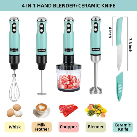600W 4-In-1 Corded Immersion Blender Handheld Kitchen Mixer With Stainless Steel Attachments displayed with ceramic knife and tools.