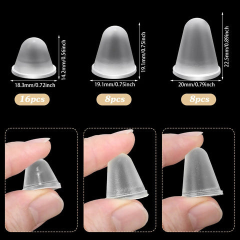 Heavy Duty Thirty Two Piece Cone Shaped Clear Rubber Bumpers With Powerful Self Adhesive Backing For Household Furniture That Is Bound To Keep Your Floors Looking Sharp, displayed in size variations.