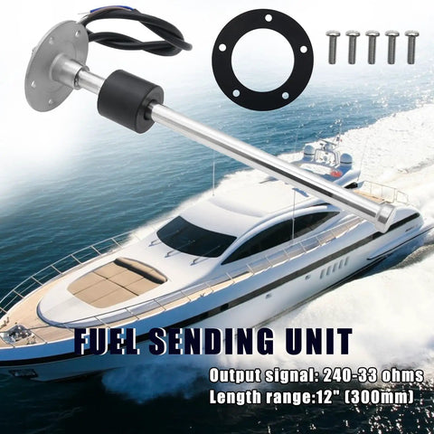 240-33 Ohm Marine Fuel Sending Unit For 12 Inch Gas Tank Gauge Sensor Boat Sender Replacement In SUS316 Stainless Steel SAE Five Hole Mount Direct Replacement For Arm Type Senders