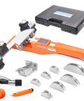 Vevor 1-4 To 7-8 Inch O.D. Ratcheting Pipe Tube Bender with seven dies and cutter in a case for plumbing and HVAC work.