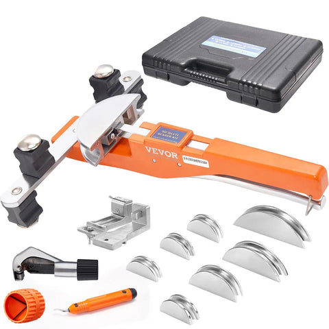 Vevor 1-4 To 7-8 Inch O.D. Ratcheting Pipe Tube Bender with seven dies and cutter in a case for plumbing and HVAC work.