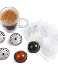 Reusable Aluminum Foil Seal Lids For Nespresso VertuoLine Capsules 240 Pcs Eco Friendly Refill Kit Easy 60 Second Reuse Save Money And Cut Waste Now Value Pack showing coffee pods and mug