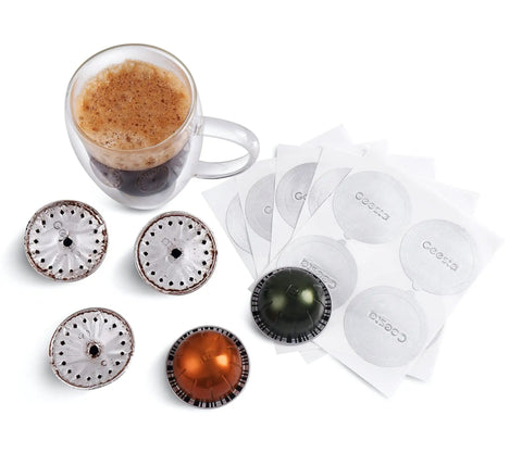 Reusable Aluminum Foil Seal Lids For Nespresso VertuoLine Capsules 240 Pcs Eco Friendly Refill Kit Easy 60 Second Reuse Save Money And Cut Waste Now Value Pack showing coffee pods and mug