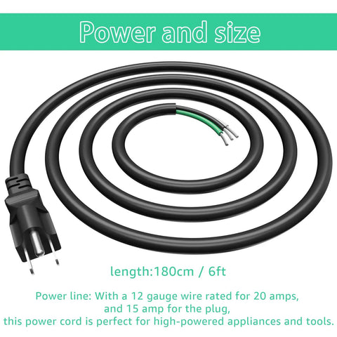 Heavy Duty 6 Foot 12 Gauge 3 Prong Replacement Power Cord Cable 110V 120V 15 Amp Plug for Appliances Power Tools and Dishwashers 12 AWG 3 Conductor Wire Pigtail