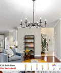 Living room with Black 6 Light Modern Farmhouse Chandelier With Industrial Candle Style For Dining Room Kitchen Foyer