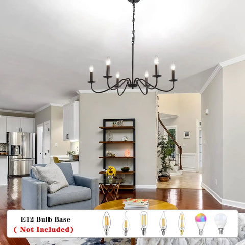Living room with Black 6 Light Modern Farmhouse Chandelier With Industrial Candle Style For Dining Room Kitchen Foyer