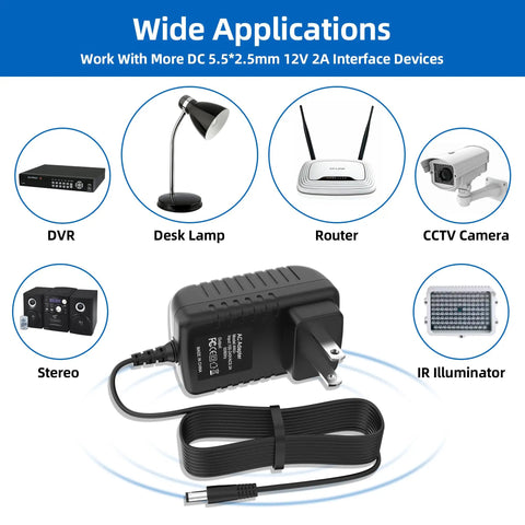 12V 2A AC Power Adapter Replacement For CS-1202000 Wall Charger Universal 100-240V Input 50/60Hz 5.5x2.5mm Blue Tip Connector