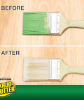 Before and after image showing brush restored using Brush Wash Cleaner And Restorer For Latex And Oil Based Paint 32 Oz Liquid Cleaner.