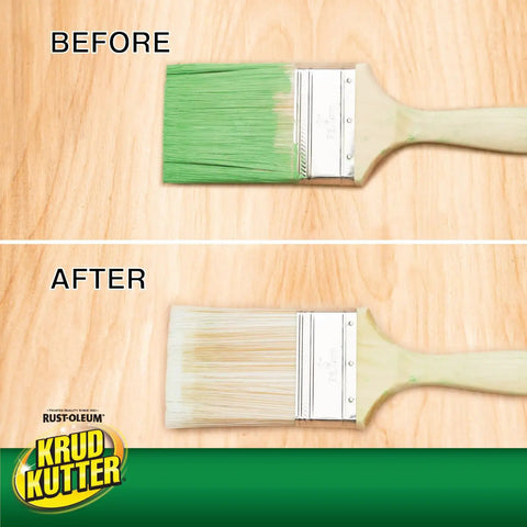 Before and after image showing brush restored using Brush Wash Cleaner And Restorer For Latex And Oil Based Paint 32 Oz Liquid Cleaner.