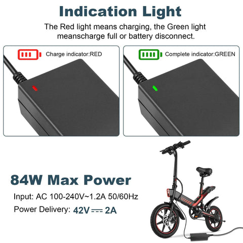 Charging indicator lights on 42V 2A Electric Scooter Charger Universal Replacement With 7 Plugs, 36V 10S Li-ion Battery Compatible