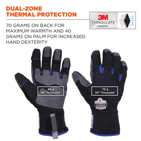 Reinforced Thermal Waterproof Winter Work Gloves Unisex Black Large Pack Of 1 With 3M Thinsulate Insulation 40g Palm 70g Back All Weather Work Gear Tough As Nails Weatherproof Ripstop Shell DWR Finish Breathable Liner showing back and palm view with tags highlighting thermal zones.