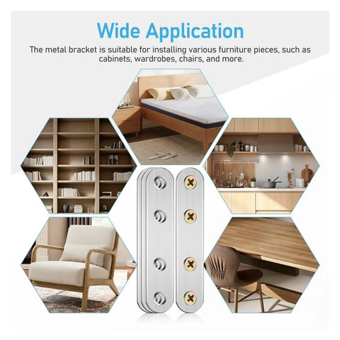 Heavy Duty Stainless Steel Flat Corner Joint Brackets Set For Woodworking And Furniture Making With Dual Shapes shown with furniture