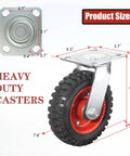 Heavy Duty Eight Inch Caster Set Of Four With Solid Rubber Tires and Dual Ball Bearings, detailed size specifications and swivel locking mechanism.