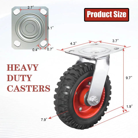 Heavy Duty Eight Inch Caster Set Of Four With Solid Rubber Tires and Dual Ball Bearings, detailed size specifications and swivel locking mechanism.