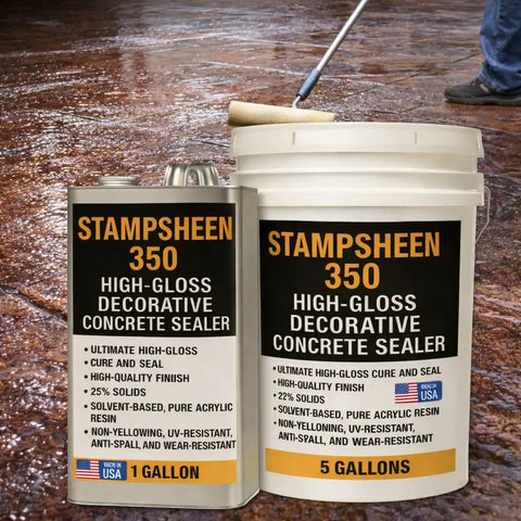 High Gloss Wet Look Concrete Sealer Solvent Based Acrylic Cure And Seal UV Resistant Non Yellowing Formula in gallon and five-gallon containers.