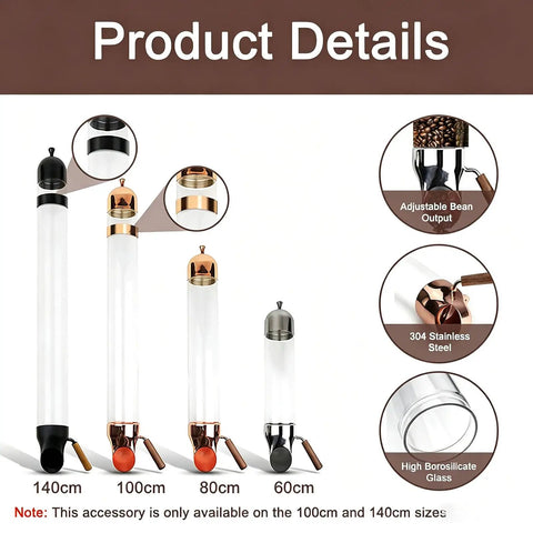 Product details of Wall Mounted Coffee Bean Dispenser With Slick Glass Tube And Rugged Steel Base in various sizes 60cm to 140cm.