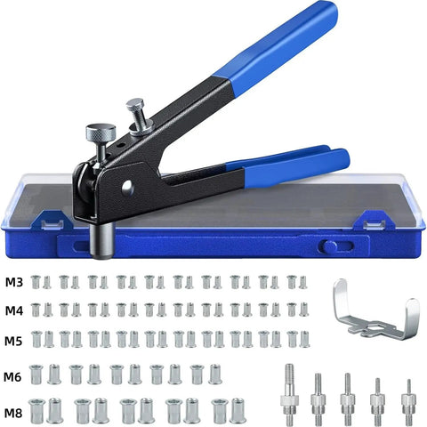 Beefy Heavy Duty Blind Rivet Nut Tool Kit With Hand Riveter, 5 Mandrels M3 M4 M5 M6 M8, 80 Rivet Nuts displayed with case