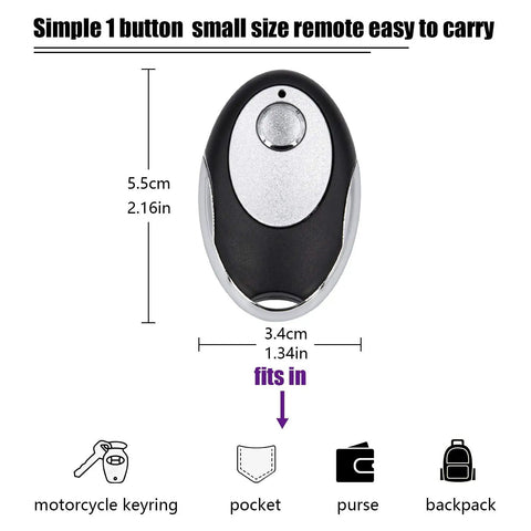 Purple Learn Button 315MHz Garage Door Remote Keychain 2 Pack Universal Replacement Compact Design with Dimensions
