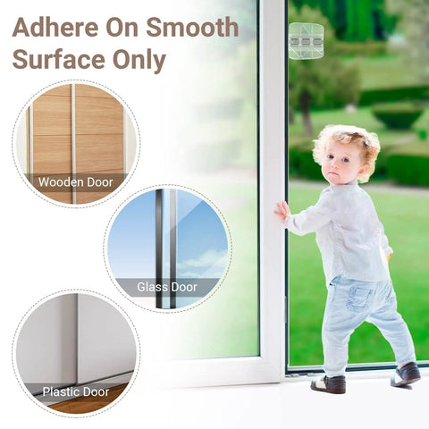 Child by sliding glass door with adhesive door lock; Two Pack Sliding Door Lock Kit For Child Safety And Home Security Sliding Glass Door Lock For Kids Window Locks Closet Door Latch Bar Stopper For Indoor Use Easy Install Kid Safe visible on door