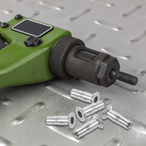 Close-up of Six Pack 1/4-20 Multi Grip Rivet Nuts With Pre Bulbed Shank Flat Head Threaded Insert Nut 304 Stainless Steel