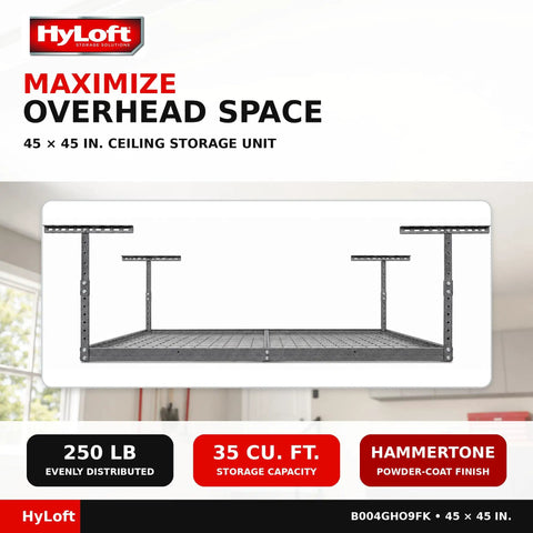 Hard As Nails Overhead Steel Garage Storage Ceiling Rack 45X45 Inch Black Hammertone Finish No Sweat Design Saves Floor Space For Totes Coolers And Travel Gear
