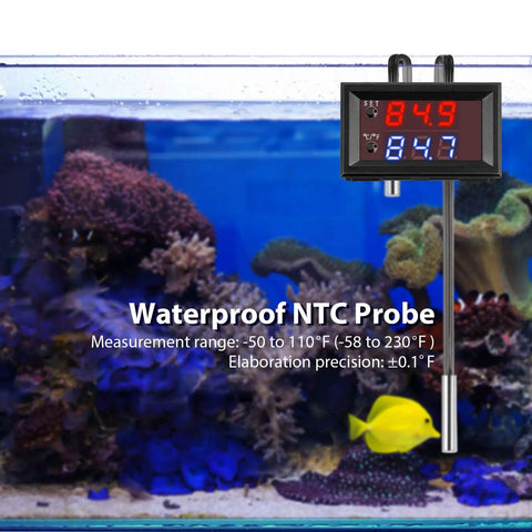 12V Temperature Controller Thermostat With Dual LED Display Pack Of 8 For DIY Pro Grade Temperature Regulation From Minus 50 To 110 Celsius 0.1 Celsius Accuracy 0.5 Second Refresh Rate Compact 48x29x32mm Module, waterproof NTC probe in aquarium