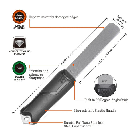 Dual Grit Diamond Sharpening Stone File With Angle Guide 220 And 600 Grit Tool Sharpener, labeled parts, black handle
