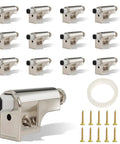 Twenty Five Pack Soft Close Cabinet Door Dampers Featuring Adjustable Slow Close Buffer Mechanism Solid Abs Construction Polished Nickel Finish For Kitchen Organizing showing dampers and screws on a white background.