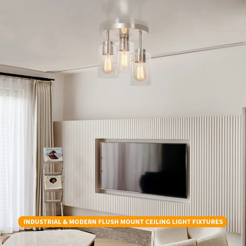 Semi Flush Mount Ceiling Light 3 Light Brushed Nickel With Clear Glass Shades in modern living room setting