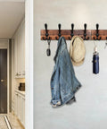 Rustic Wood Wall Mounted Coat Rack With Eight Black Tri Hook Rails, 31 Inch Long Entryway Organizer for coats and keys