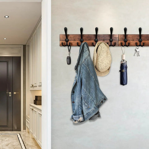 Rustic Wood Wall Mounted Coat Rack With Eight Black Tri Hook Rails, 31 Inch Long Entryway Organizer for coats and keys