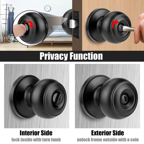 Privacy function of 12 Pack Matte Black Privacy Door Knobs With Hardware For Bedroom And Bath, Keyless Lockset, Easy Install