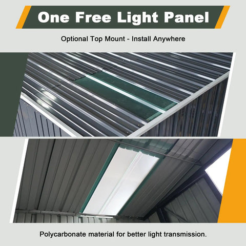 Top view of Six By Eight Ft Lean To Shed With Skylight And Double Doors, Metal Outdoor Storage Shed with PC light board installation.