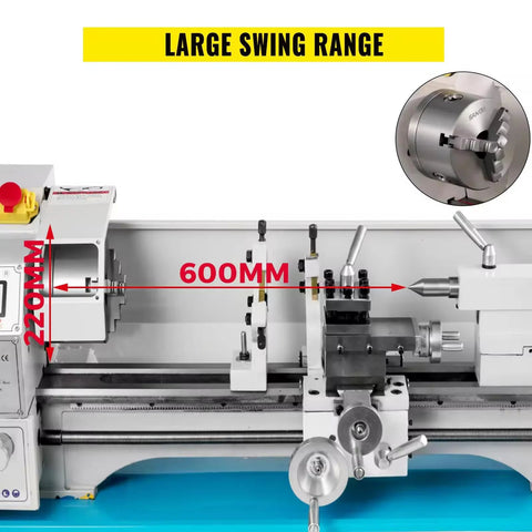 Front view of mini metal lathe by Amazon; 600mm bed, 220mm height, tailstock, tool post, and chuck visible.