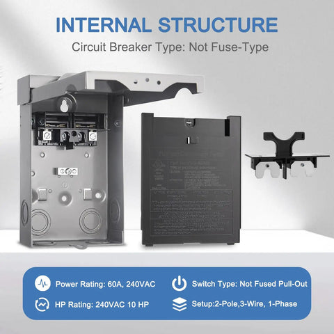 Heavy Duty 60 Amp Non Fused Disconnect Switch Box Weatherproof Nema 3R Outdoor Electrical Panel internal structure details.