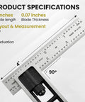 Reading Double Square For Precision Layout And Machine Alignment Adjustable 4 Inch Blade In Satin Chrome Hardened Steel Blade With Laser Etched 4R Graduations One Eighth One Sixteenth One Thirty Second One Sixty Fourth Built Tough For The Shop showing specifications