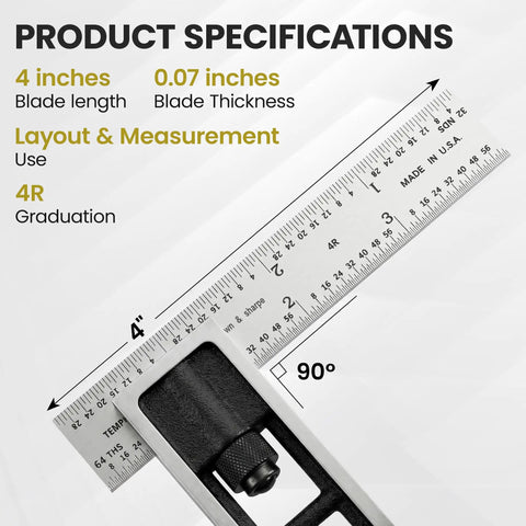 Reading Double Square For Precision Layout And Machine Alignment Adjustable 4 Inch Blade In Satin Chrome Hardened Steel Blade With Laser Etched 4R Graduations One Eighth One Sixteenth One Thirty Second One Sixty Fourth Built Tough For The Shop showing specifications