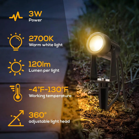 Low Voltage Outdoor Landscape Lighting 4 Pack IP65 Waterproof Path Lights for Yard with lit ambiance and specifications