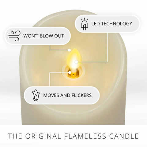 Flameless LED Pillar Candle With Moving Flame And Timer Ivory Real Wax Pillar 4 Inch By 7 Inch battery operated with flickering flame.