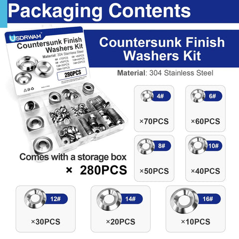 Heavy Duty Stainless Steel Countersunk Washer Assortment Kit Featuring 280 Pieces Across Seven Top Shelf Hardware Sizes in storage case.