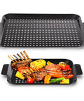 Heavy Duty Nonstick Grill Pan Set For Outdoor Barbecue Cooking Includes Two Durable Carbon Steel Trays with grilled meats and vegetables.