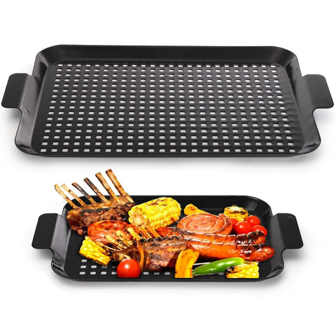 Heavy Duty Nonstick Grill Pan Set For Outdoor Barbecue Cooking Includes Two Durable Carbon Steel Trays with grilled meats and vegetables.