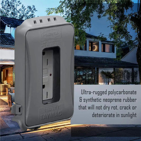 1-Gang Weatherproof In-Use Outlet Cover Expandable Nonmetallic Flat Mount 16 In 1 Design Versatile Vertical Or Horizontal Install Gray 1 Pack UL Listed For Wet And Damp Locations Quick Fit mounted near a modern house.